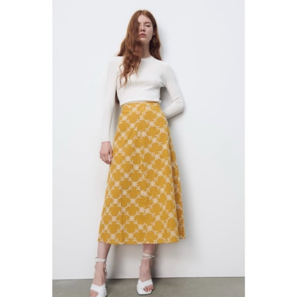 Midi Skirt in Mustard Yellow with White Print